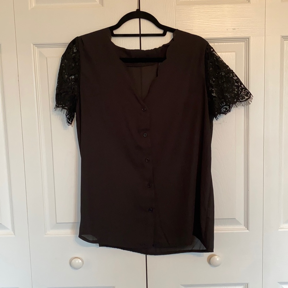 Black button down blouse with scalloped neck and lace sleeve, M